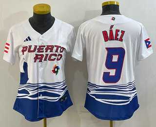Womens Puerto Rico Baseball #9 Javier Baez White 2023 World Baseball Classic Stitched Jerseys